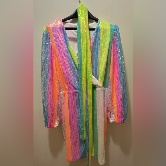 Ivy City Co Jagger Dress In Stripped  colorful rainbow Sequin Size L EUC - Picture 4 of 11